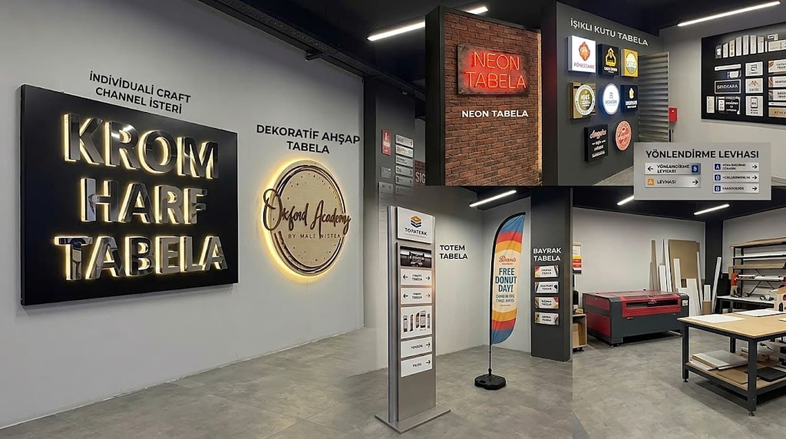 Krom harf, ahşap tabela, neon, ışıklı kutu harf ve totemin bir arada sergilendiği tabela showroomu
